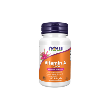 NOW Foods Vitamin A 10,000 IU 100 Softgels provides essential nutrition and immune support from fish liver oil to help maintain healthy eyes, skin, and overall wellness. Features an orange label.